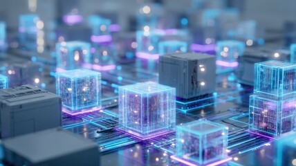 Abstract Technology Concept with Glowing Cubes and Circuitry, Representing Innovation and Interconnectivity