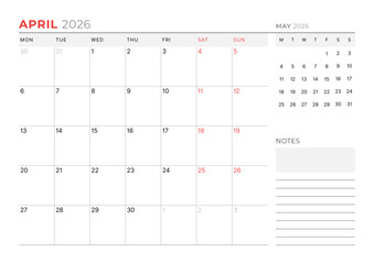 April 2026 Monthly Calendar Template for Planning and Organization helps structure workweek agendas using minimalist grid layout. Week starts on Sunday. Great for daily productivity