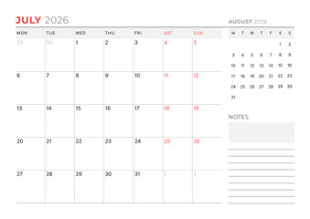 July 2026 Monthly Calendar Template for Planning and Organization provides optimal layout for structured task lists and weekly deadlines. Week starts on Sunday. Ideal for remote work
