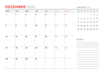 December 2026 Monthly Calendar Template for Planning and Organization ensures clean weekly structure with blank lines for tracking events. Week starts on Sunday. Good for teams and individuals
