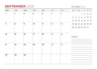 September 2026 Monthly Calendar Template for Planning and Organization improves focus and weekly task tracking with open design. Week starts on Sunday. Works well in corporate teams