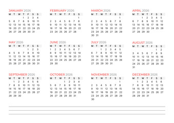 Annual calendar template for 2026. Vector illustration of a yearly planner and organizer. Minimalist design for business schedule, wall stationery, and personal diary. Simple and clean layout