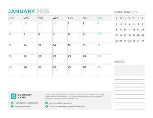 January 2026 Monthly Calendar Template for Planning and Organization enhances scheduling precision and weekly structure with minimalist blank lines. Week starts on Sunday. vector illustration