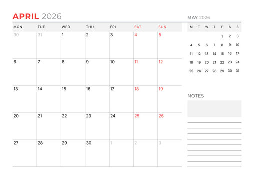 April 2026 Monthly Calendar Template for Planning and Organization helps structure workweek agendas using minimalist grid layout. Week starts on Sunday. Great for daily productivity