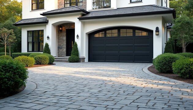 Elegant house exterior features paved driveway leading to dark garage door. Lush green manicured bushes and trees surround the clean white facade. Sunlight casts shadows on the stone entryway.