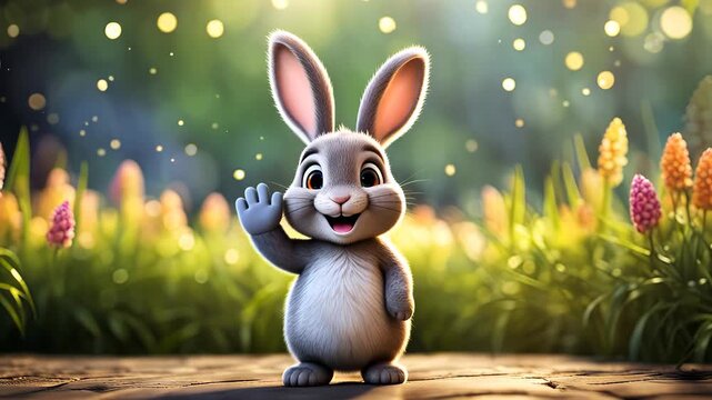 Cute cartoon rabbit waving paw outdoor in spring park