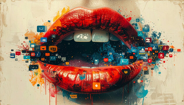 Digital artwork of red lips with social media icons and paint splashes emerging from mouth