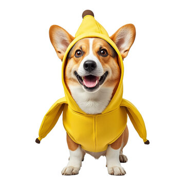 A happy corgi wearing a banana costume on transparent background