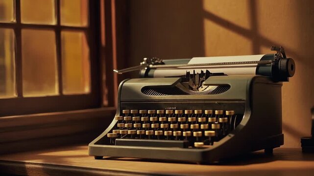 Vintage typewriter on wooden desk near window with soft natural light