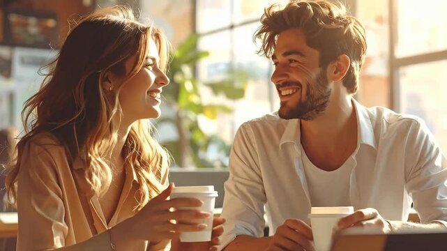 Happy young couple enjoying coffee together in a bright, modern cafe, laughing.