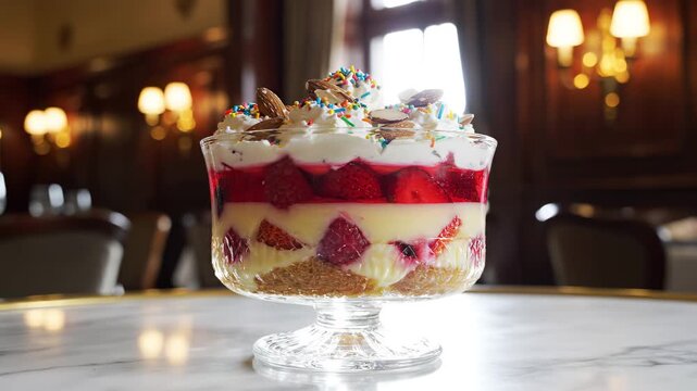 Layered fruit trifle with custard and strawberries in glass on marble table. High end cinematic lighting, luxury restaurant.