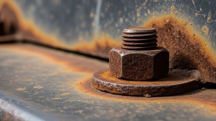 Close-up of a rusted bolt, nut, and washer on a weathered metal surface