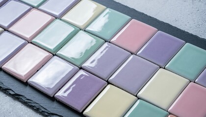 Array of soft pastel colored ceramic tiles with a glossy surface arranged in a geometric pattern