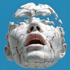 surreal cracked marble statue face, broken fragments floating, blue background, abstract concept, identity emotion.