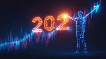 A digital representation of a figure standing beside glowing numbers "202" with a rising graph, symbolizing growth and progress.