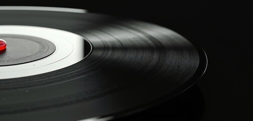 Close up view focuses on spinning black vinyl record on turntable. Music disc detailed grooves, shiny surface reflecting studio light. Red dot marks center. Ready to play vintage analog audio, brings