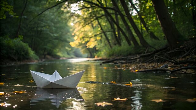 "Paper Boat Floating on Forest Stream &ndash; Calm Nature Photography"