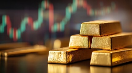 A close-up of gold bars with a stock market graph in the background, symbolizing wealth and investment.