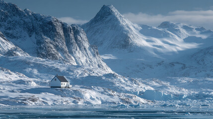 White Cabin on Snowy Arctic Fjord with Icebergs and Mountains