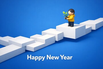 child holding plant on white blocks  blue background