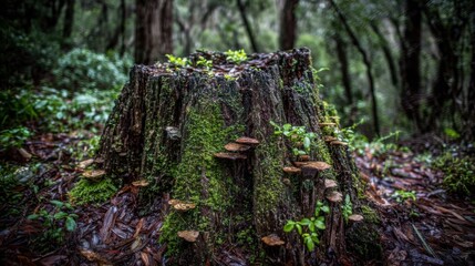 A gnarled, weathered tree stump covered in vibrant moss and fungi, nestled within a lush forest.