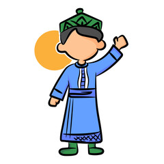 Cute Muslim Boy Waving in Traditional Attire for Eid Celebration