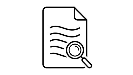 Magnifying glass over a document with wavy lines representing text, symbolizing research or analysis of information, data, or documents
