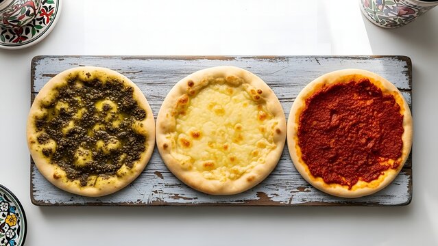 Three Palestinian Manakish breads with zaatar and cheese on wooden board in bright natural light