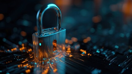 A close-up of a shiny padlock against a backdrop of glowing digital circuitry, symbolizing cybersecurity and data protection.