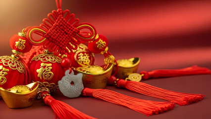 Chinese New Year Decorations with Gold Ingots and Lucky Charms.