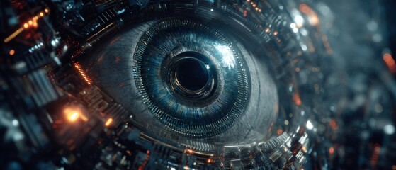 A close-up view of a futuristic robotic eye, surrounded by intricate circuitry and glowing elements, evoking themes of technology and artificial intelligence.