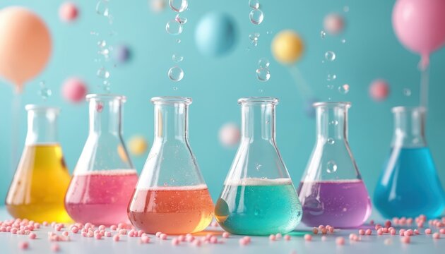 Photo featuring colorful beakers with liquids. Scientific party theme with balloons and bubbles. Birthday celebration concept with science experiments. Fun, bright lab themed decor for kids