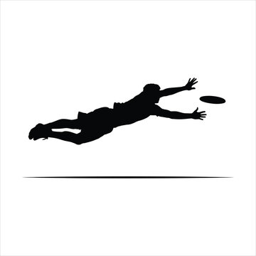 Ultimate frisbee sideline leap catch silhouette with player diving near boundary line and disc in fingertips