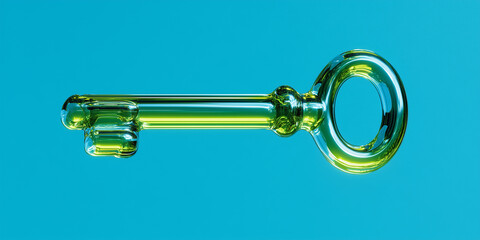 Realistic glass key suspended with neon green glow in a surreal minimalist concept on a vivid cyan background