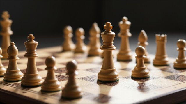 Chess board game, checkmate position, king and queen, strategy concept, focus on pieces, dramatic light