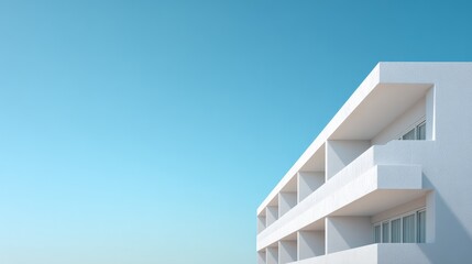 Modern minimalist building showcasing abstract architecture with white geometric balconies and windows under a clear bright blue sky, creating a clean graphic design