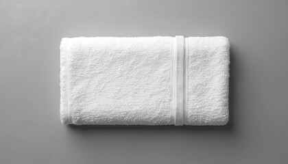 Fototapeta premium White cotton bath towel lies folded on a plain grey backdrop. Its soft fluffy texture and clean appearance make it ideal for design mockups and product presentations.