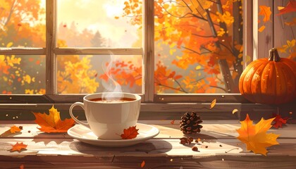 A cozy scene featuring a steaming cup of coffee beside colorful autumn leaves and a pumpkin