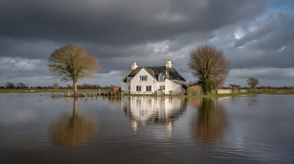 A picturesque house surrounded by floodwaters, reflecting the dramatic sky, showcasing the impact of nature on landscapes.