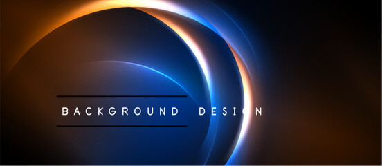 Abstract neon lines create dynamic curved shapes. Dark background emphasizes bright blue, orange glow. Text reads background design.