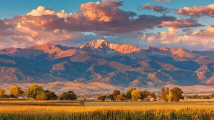 A picturesque view of mountains at sunset, featuring vibrant clouds and lush fields, capturing the beauty of nature in a serene landscape.