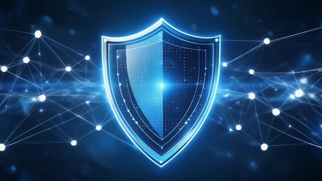 Digital shield protecting network nodes with glowing blue data defense and motion sense for cybersecurity protection
