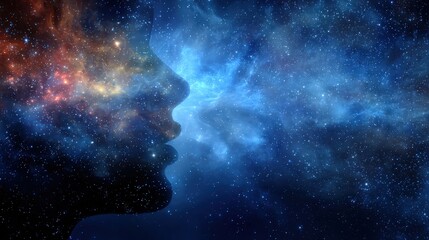 A cosmic silhouette merges with a starry universe, symbolizing the connection between the human mind and the vastness of space.