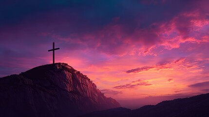 A serene sunset over a rocky landscape, featuring a prominent cross silhouetted against vibrant purple and pink skies.