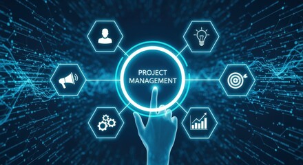 Project Management Interface with Digital Icons Displaying Organization, Planning and Control on Futuristic Background