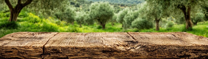 A rustic wooden tabletop in the foreground, with a lush olive grove landscape in the background, showcasing vibrant greenery and rolling hills.