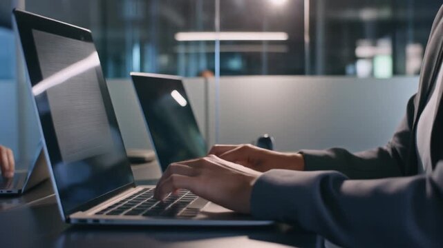Hands typing laptop keyboard team discussion office collaborative meeting reflective screens focused modern workspace