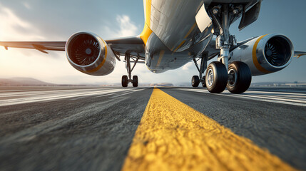 Airplane landing gear touches down on airport runway. Front wheels of aircraft on tarmac with yellow line. Jetliner arriving at destination