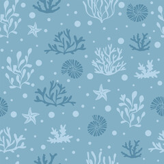 Coral marine seamless pattern with seachells and stars