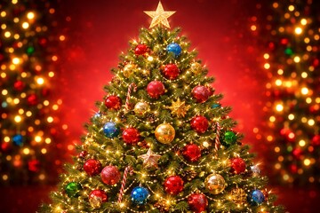Christmas tree with colorful ornaments and lights shining brightly